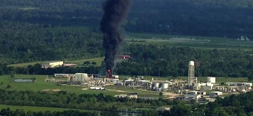 Smoke rises from the Arkema Inc.-owned chemical plant, which flooded and partially exploded during Hurricane Harvey, near Houston, Texas.