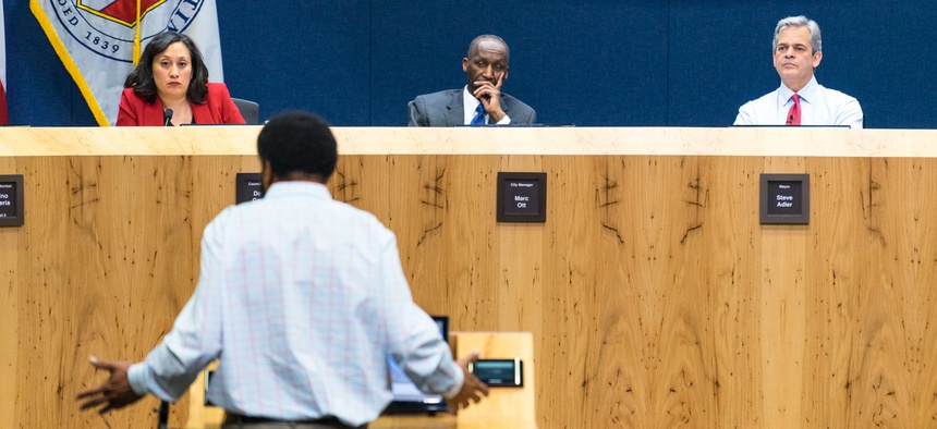 CIRCA FEBRUARY 2016: Citizens of Austin, Texas attend and speak at a public hearing at City Hall in downtown.