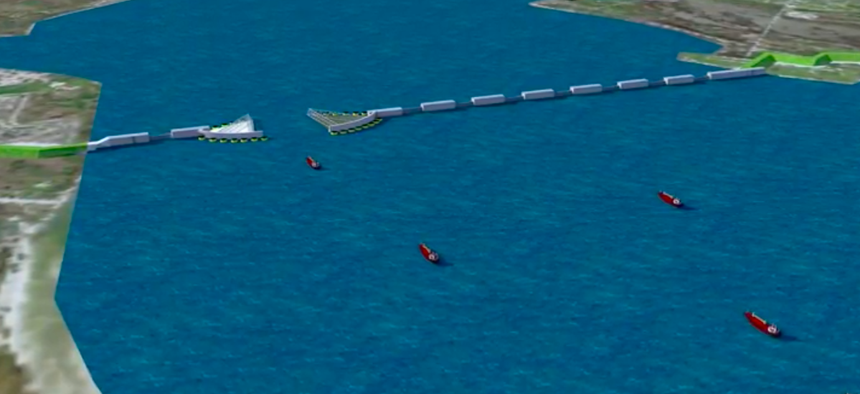 A conceptual plan for the storm barrier near Galveston, Texas that can be closed off ahead of a major hurricane.