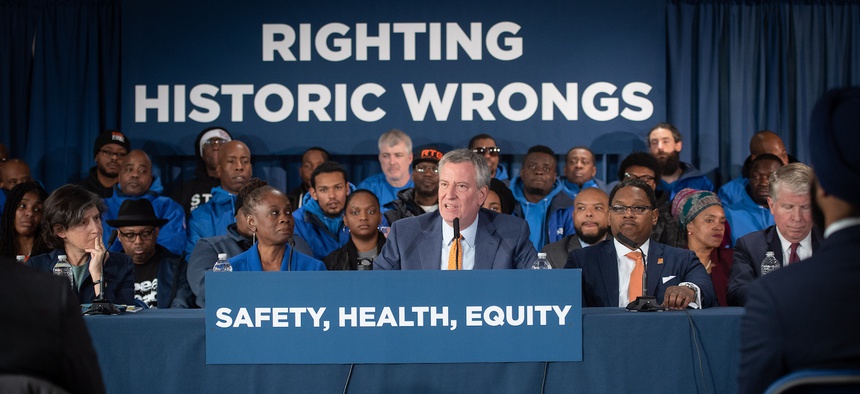 New York City Mayor Bill de Blasio speaks during a press conference on Thursday about marijuana legalization.