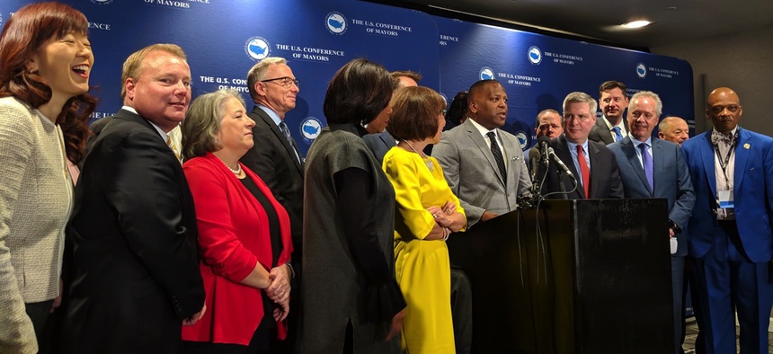 Columbia, South Carolina Mayor Steve Banjamin speaks to press at the U.S. Conference of Mayors winter meeting Wednesday in Washington, D.C.