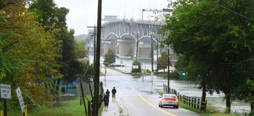In 2014 Hurricane Joaquin and a stalled front combine to create major coastal flooding in low-lying areas in Virginia's Chesapeake Bay. Pictured: Gloucester, VA