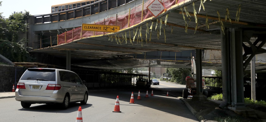 A vehicle rides on Liberty Avenue ahead of a project to remodel the Route 495 bridge which feeds into the Lincoln Tunnel, Wednesday, Aug. 15, 2018, in North Bergen, N.J.