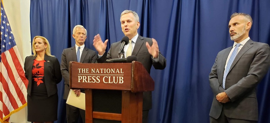 North Carolina Attorney General Josh Stein appears at a press conference in Washington, D.C., in August to announce an agreement among a group of attorneys general with major telecom companies in an effort to block robocall scams.