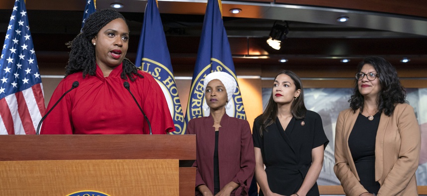 Rep. Ayanna Pressley speaks at a press conference with the other members of "The Squad," Reps. Ilhan Omar, Alexandria Ocasio-Cortez, Rashida Tlaib.