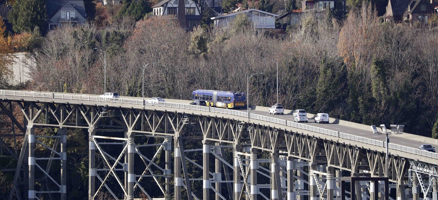 Traffic passes over the 90-year old Magnolia bridge, aging and in need of replacement, Wednesday, Nov. 6, 2019, in Seattle.