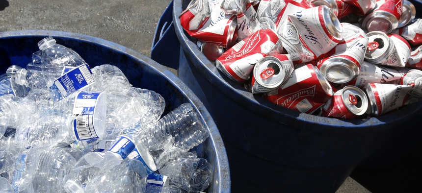 In this July 5, 2016, file photo, cans and plastic bottles brought in for recycling are seen at a recycling center in Sacramento, Calif.
