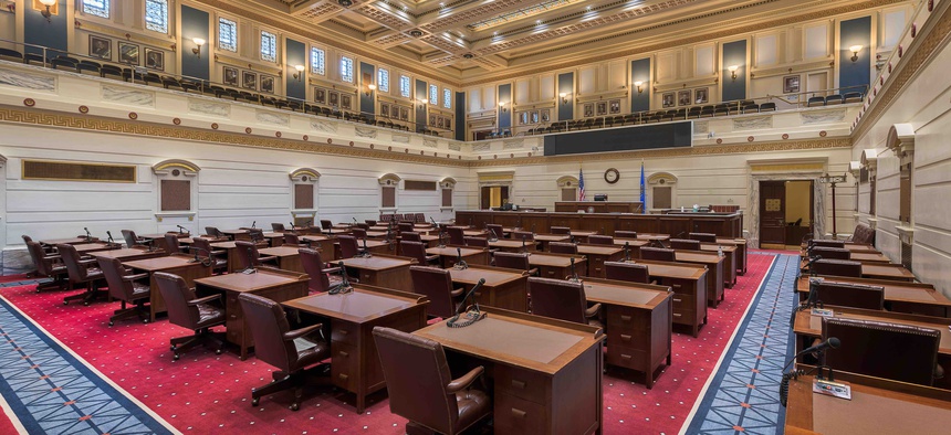 An empty Senate chamber in the Oklahoma state capitol. The state, like others, is anticipating a budget shortfall due to the coronavirus outbreak.