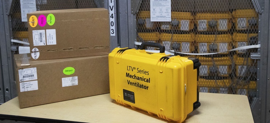 A ventilator, part of a shipment of 400, is displayed at the New York City Emergency Management Warehouse, Tuesday, March 24, 2020 in New York.