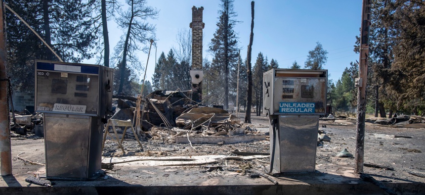 A service station that was destroyed by a wildfire is shown on Sept. 8, 2020, in Malden, Wash. High winds kicked up wildfires across the Pacific Northwest on Monday and Tuesday, burning hundreds of thousands of acres and mostly destroying Malden.