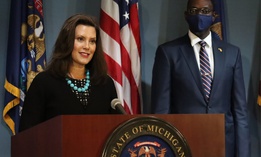 In this photo provided by the Michigan Office of the Governor, Gov. Gretchen Whitmer addresses the state during a speech in Lansing, Mich., Thursday, Sept. 10, 2020.