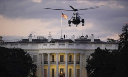 President Donald Trump arrives back at the White House aboard Marine One, Monday evening, Oct. 5, 2020 in Washington, after being treated for COVID-19 at Walter Reed National Military Medical Center.