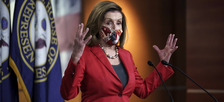 Speaker of the House Nancy Pelosi, D-Calif., talks to reporters about the impact of the election on the political landscape in Congress, at the Capitol in Washington, Friday, Nov. 6, 2020.