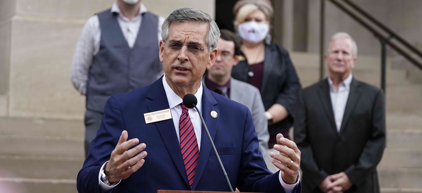Georgia Secretary of State Brad Raffensperger speaks during a news conference on Wednesday, Nov. 11, 2020, in Atlanta. Georgia election officials have announced an audit of presidential election results that will trigger a full hand recount.