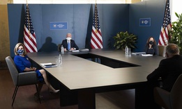 President-elect Joe Biden, speaks during a meeting with Vice President-elect Kamala Harris, right, Senate Minority Leader Chuck Schumer of N.Y., and House Speaker Nancy Pelosi of Calif., left, Friday, Nov. 20, 2020, in Wilmington, Del.