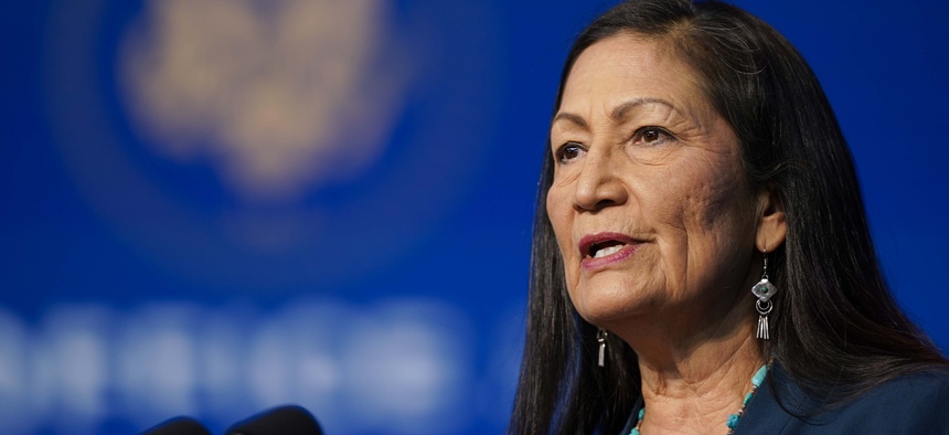 The Biden administration's nominee for Secretary of Interior, Rep. Deb Haaland, D-N.M., speaks at The Queen Theater in Wilmington Del., Saturday, Dec. 19, 2020.