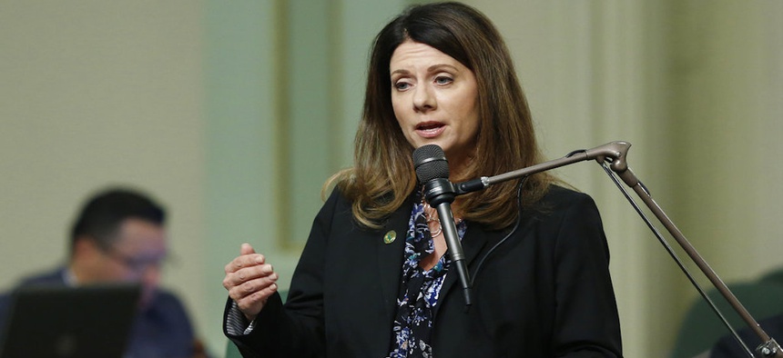 Assemblywoman Melissa Melendez, R-Lake Elsinore speaks on a measure before the Assembly, Thursday, Aug. 30, 2018, in Sacramento, Calif. Lawmakers are on a Friday Aug. 31 deadline to complete all legislative business. (AP Photo/Rich Pedroncelli)