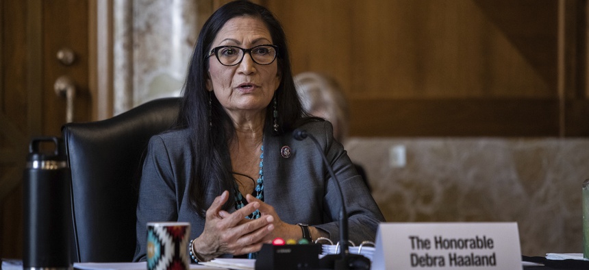 Rep. Deb Haaland, D-N.M., speaks during a Senate Committee on Energy and Natural Resources hearing on her nomination to be Interior Secretary, Tuesday, Feb. 23, 2021 on Capitol Hill in Washington.
