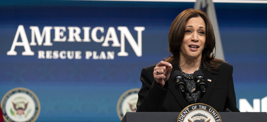 Vice President Kamala Harris speaks virtually to the National League of Cities' Congressional City Conference from the South Court Auditorium in the Eisenhower Executive Office Building on the White House campus, Monday, March 8, 2021, in Washington.