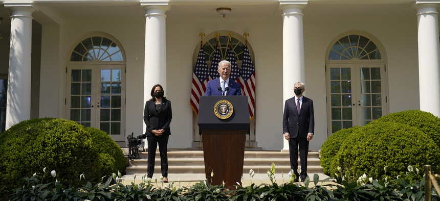 President Joe Biden, accompanied by Vice President Kamala Harris, and Attorney General Merrick Garland, speaks about gun violence prevention in the Rose Garden at the White House, Thursday, April 8, 2021, in Washington.